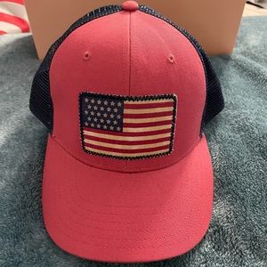 Vineyard, vines, adjustable, salmon, and navy blue cap with American Flag.